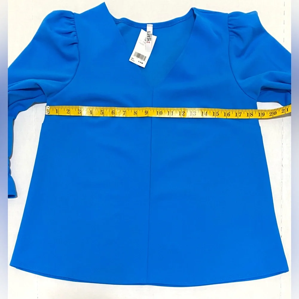 2 Hearts Womens S Solid Blue Ruffle V-Neck Top Coastal Grandma Feminine Boho - Picture 9 of 13